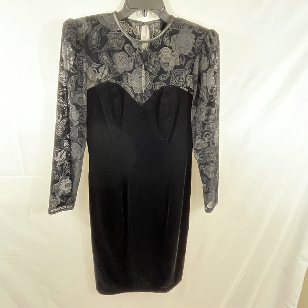 Algo-Ettes Women vintage Velvet Dress Black Floral Long Sleeve Lace Sz 7